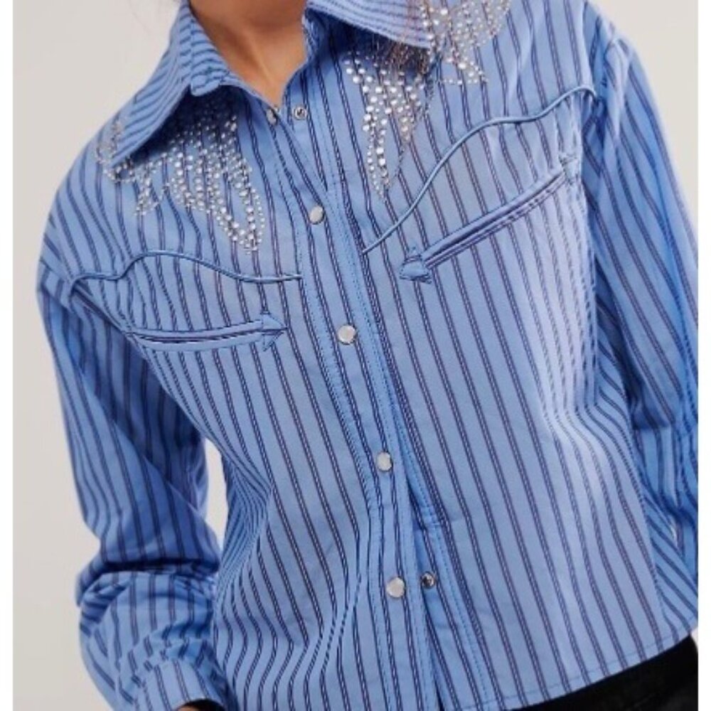 Free People X Understated Leather Western Embellished Button Down Shirt XS Blue - Picture 2 of 5
